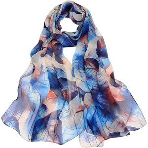 Women's Navy+orange Fashion Lightweight Head Scarf Floral Print Chiffon Scarves